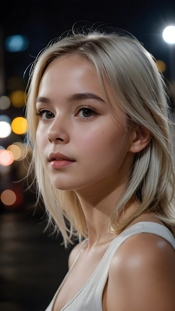 ((side view portrait)) a cute young girl, platinum straight hair, night, dim light falls on her face, dark background. cinematic light, perfect shadow