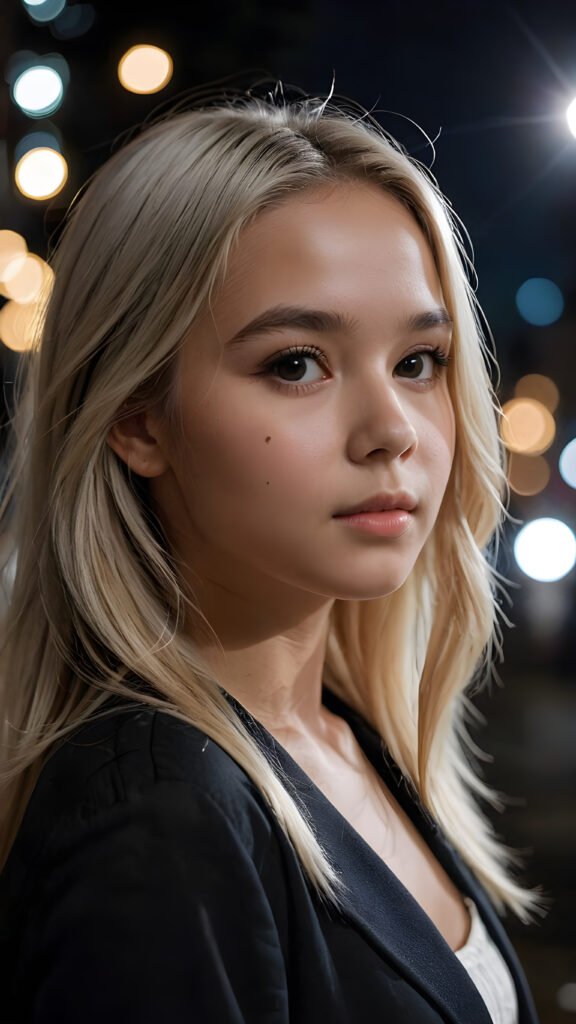 ((side view portrait)) a cute young girl, platinum straight hair, night, dim light falls on her face, dark background. cinematic light, perfect shadow