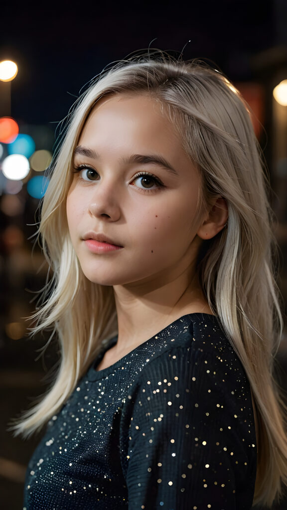 ((side view portrait)) a cute young girl, platinum straight hair, night, dim light falls on her face, dark background. cinematic light, perfect shadow