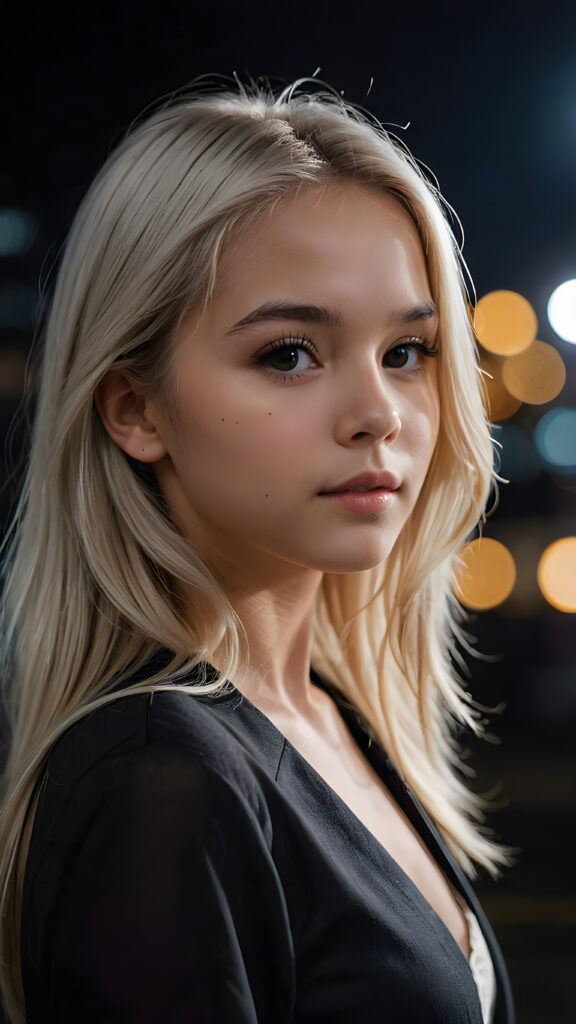 ((side view portrait)) a cute young girl, platinum straight hair, night, dim light falls on her face, dark background. cinematic light, perfect shadow