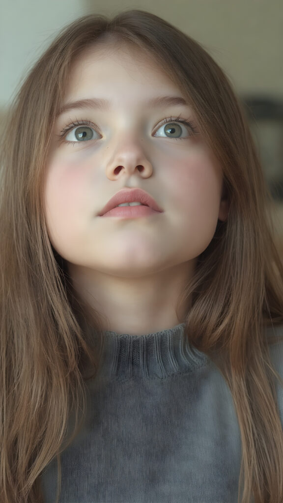 sophisticated and high-quality photography that captures the essence of a beautiful obsidian 16-year-old girl. Her thick, silky-smooth hair reaches down to her shoulders and is cut straight. The hair is visible from the sides, framing her face as she gazes up with amazement. She has a round face, which is emphasized by her tight, thin and plump lips. Her skin is white, smooth and beautifully visible on her cheeks. The girl is dressed in a tight, thin and translucent sweater, which emphasizes her wonderful body and beautiful legs. ((The picture is taken with a Nikon AF-S DX NIKKOR 35mm f/1.8G Lens)), which captures the details of her face and hair.)) ((The picture appears to be slightly overexposed, with a warm and inviting light that brings out her natural brown skin and the intricate details of her face and hair.