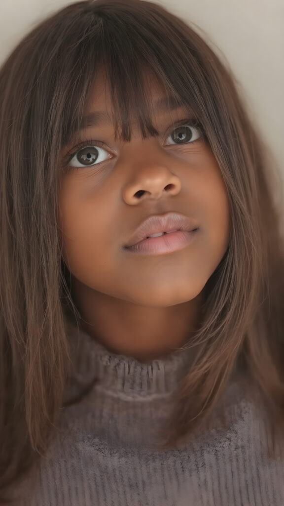 sophisticated and high-quality photography that captures the essence of a beautiful obsidian 16-year-old girl. Her thick, silky-smooth hair reaches down to her shoulders and is cut straight. The hair is visible from the sides, framing her face as she gazes up with amazement. She has a round face, which is emphasized by her tight, thin and plump lips. Her skin is white, smooth and beautifully visible on her cheeks. The girl is dressed in a tight, thin and translucent sweater, which emphasizes her wonderful body and beautiful legs. ((The picture is taken with a Nikon AF-S DX NIKKOR 35mm f/1.8G Lens)), which captures the details of her face and hair.)) ((The picture appears to be slightly overexposed, with a warm and inviting light that brings out her natural brown skin and the intricate details of her face and hair.