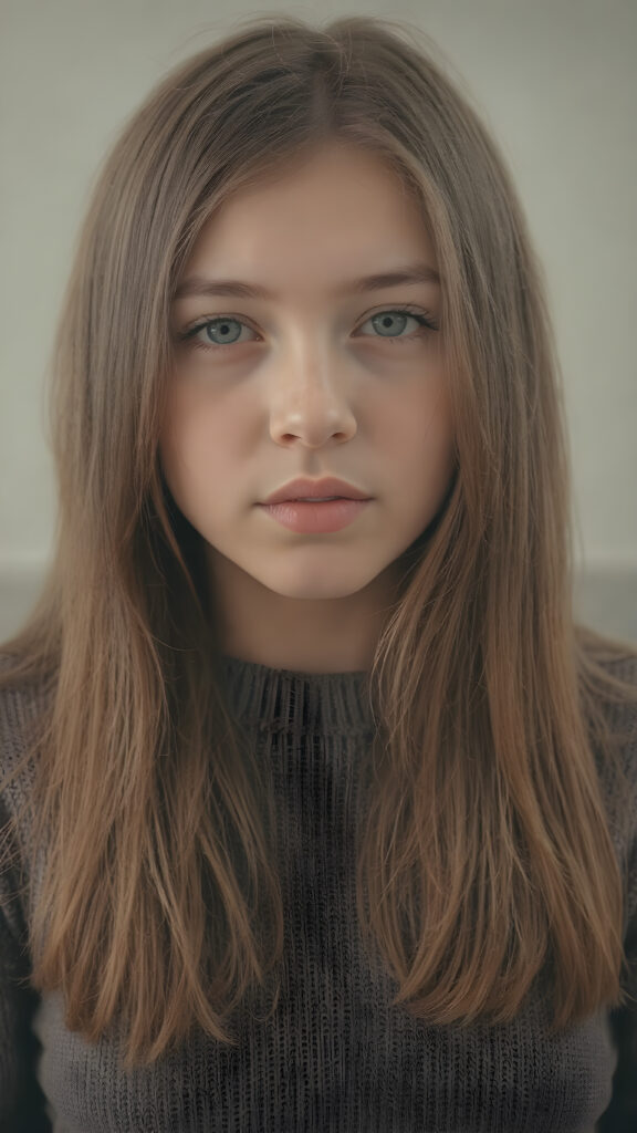 sophisticated and high-quality photography that captures the essence of a beautiful 15-year-old girl. Her thick, silky-smooth hair reaches down to her shoulders and is cut straight. The hair is visible from the sides, framing her face. She has a round face, which is emphasized by her tight, thin and plump lips. Her skin is white, smooth and beautifully visible on her cheeks. The girl is dressed in a tight, thin and translucent sweater, which emphasizes her wonderful body and beautiful legs. ((The picture is taken with a Nikon AF-S DX NIKKOR 35mm f/1.8G Lens)), which captures the details of her face and hair.)) ((The picture appears to be slightly overexposed, with a warm and inviting light that brings out her natural skin and the intricate details of her face and hair.