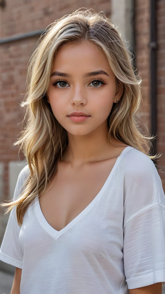 a beautiful and detailed portrait of a young and pretty tanned model girl, 14 years old, long straight soft blonde hair falls over her shoulders, she wears a thin short t-shirt with deep v-neck and looks seductively at the viewer with her big shining eyes, full lips, her skin is flawlessly beautiful, she has a wonderfull curved body ((side view))