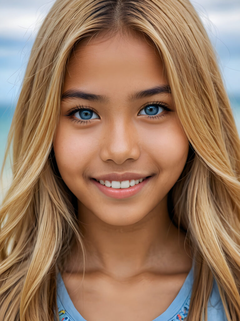 ((stunning)) ((gorgeous)) ((detailed portrait)) a young Indonesian teen girl stands in front the viewer. She has blond long hair and deep blue eyes, warm smile, very happy