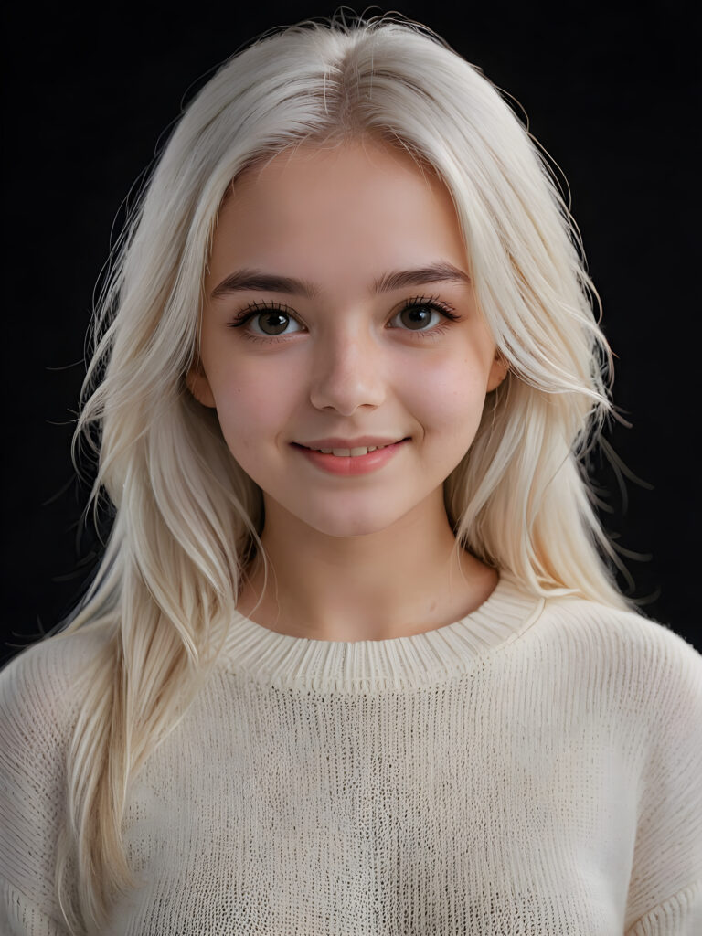 ((stunning)) ((gorgeous)) a beautiful teen girl, 16 years old, perfect portrait, perfect curved body, long straight platinum white hair, round eyes and full lips, wears a white thin sweater, white silhouette, black background, warm smile