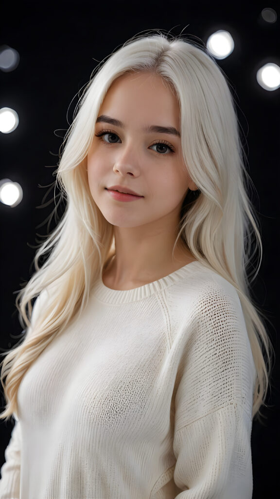 ((stunning)) ((gorgeous)) a beautiful teen girl, perfect portrait, perfect curved body, long straight platinum white hair, wears a white sweater, white silhouette, black background