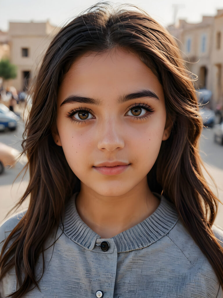 ((stunning)) ((gorgeous)) ((detailed and realistic portrait)) beautiful young Iraqi girl, 16 years old, wears a grey outfit, light brown skin tone, cute face, realistic black eyes