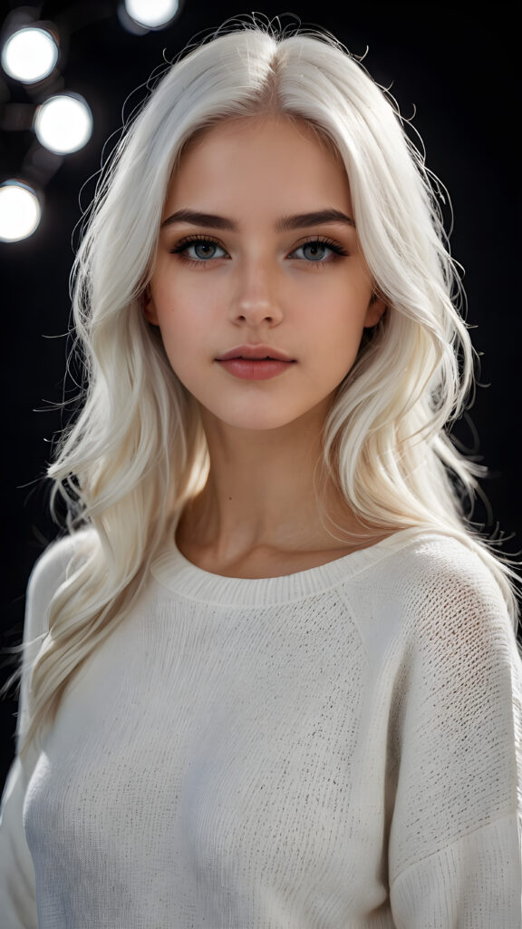 ((stunning)) ((gorgeous)) a beautiful realistic teen girl, perfect portrait, perfect curved body, long straight platinum white hair, wears a white sweater, white silhouette, black background