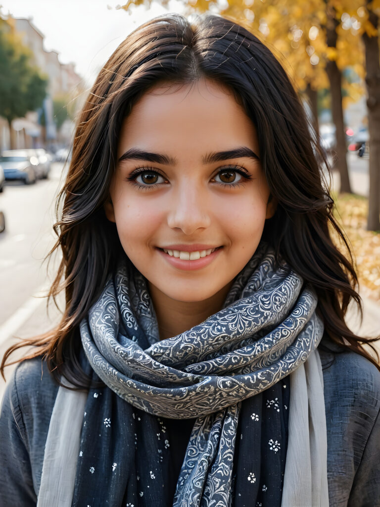 ((stunning)) ((gorgeous)) ((detailed and realistic portrait)) beautiful young Iranian girl, 16 years old, wears a grey outfit, light brown skin tone, cute face, realistic black eyes, (long black hair), slim, short stature, smiling, wearing a scarf