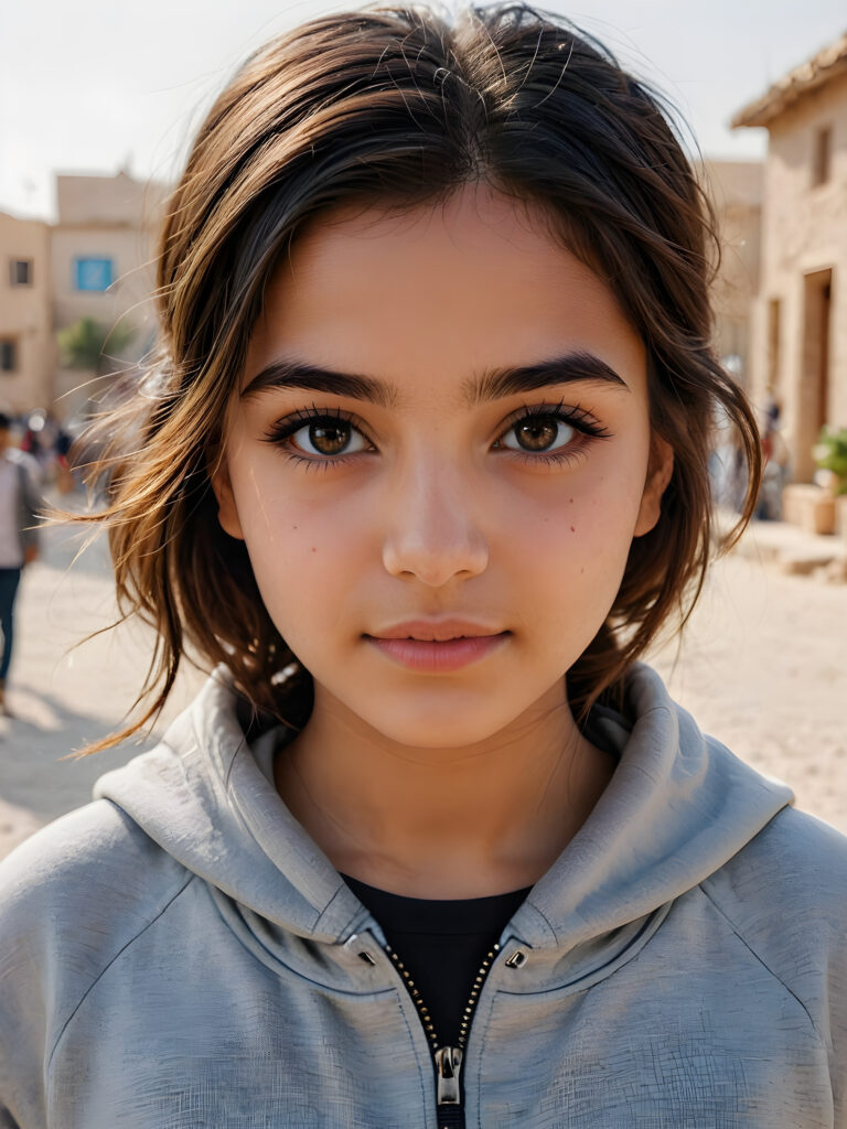 ((stunning)) ((gorgeous)) ((detailed and realistic portrait)) beautiful young Iraqi girl, 16 years old, wears a grey outfit, light brown skin tone, cute face, realistic black eyes