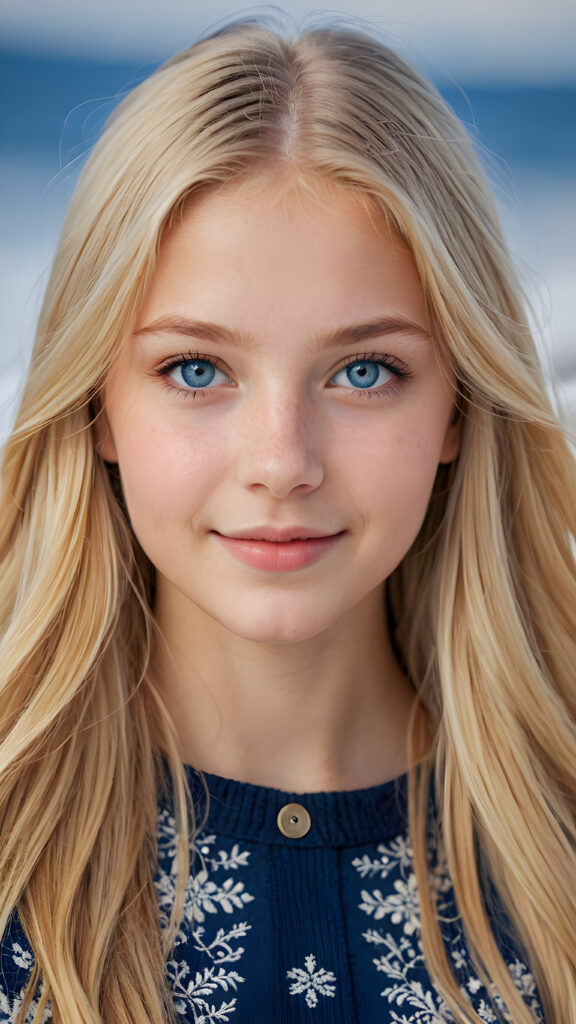 ((stunning)) ((gorgeous)) ((detailed portrait)) a young Nordic teen girl stands in front the viewer. She has blond long hair and deep blue eyes, warm smile, very happy