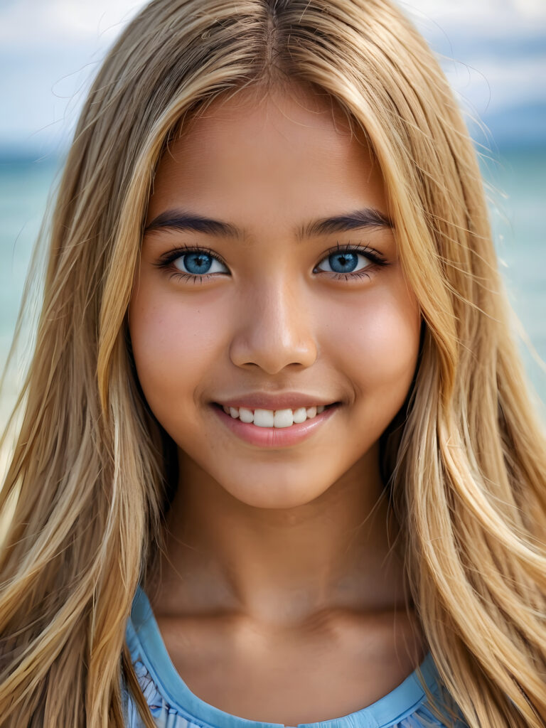 ((stunning)) ((gorgeous)) ((detailed portrait)) a young Indonesian teen girl stands in front the viewer. She has blond long hair and deep blue eyes, warm smile, very happy