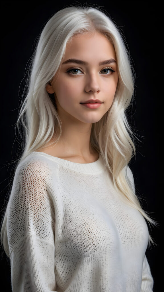 ((stunning)) ((gorgeous)) a beautiful realistic teen girl, perfect portrait, perfect curved body, long straight platinum white hair, wears a white sweater, white silhouette, black background