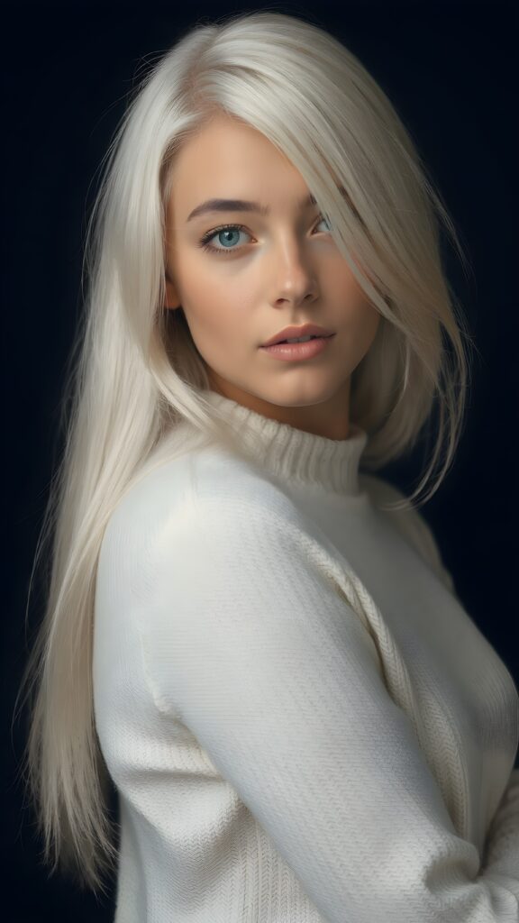 ((stunning)) ((gorgeous)) a beautiful realistic teen girl, perfect portrait, perfect curved body, long straight platinum white hair, wears a white sweater, white silhouette, black background