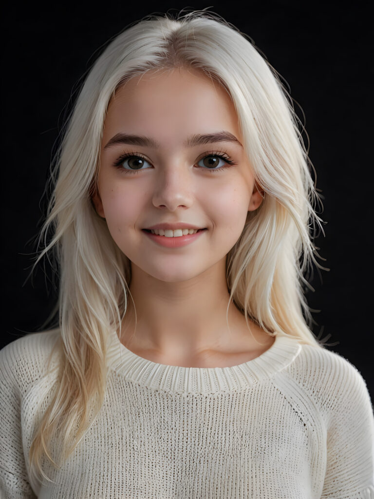 ((stunning)) ((gorgeous)) a beautiful teen girl, 16 years old, perfect portrait, perfect curved body, long straight platinum white hair, round eyes and full lips, wears a white thin sweater, white silhouette, black background, warm smile