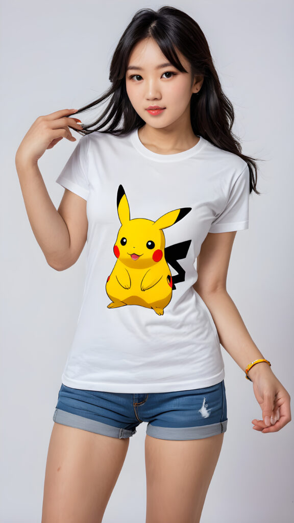 ((stunning)) ((gorgeous)) ((detailed, realistic portrait)) ((perfect curved body)) a young Asian teen girl with black hair ((wears a (((T-shirt with a Pikatchu))) on it)).