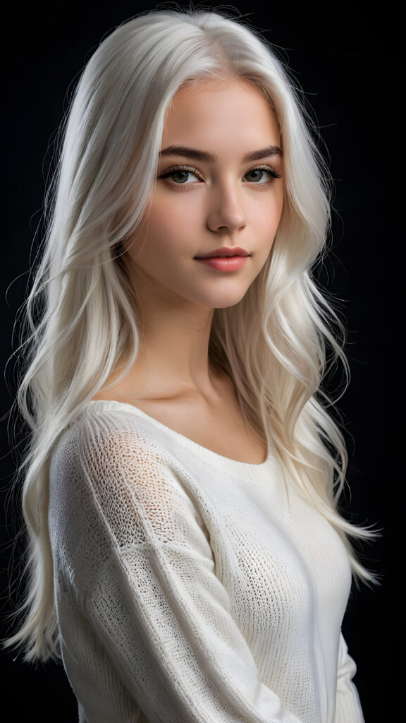 ((stunning)) ((gorgeous)) a beautiful realistic teen girl, perfect portrait, perfect curved body, long straight platinum white hair, wears a white sweater, white silhouette, black background