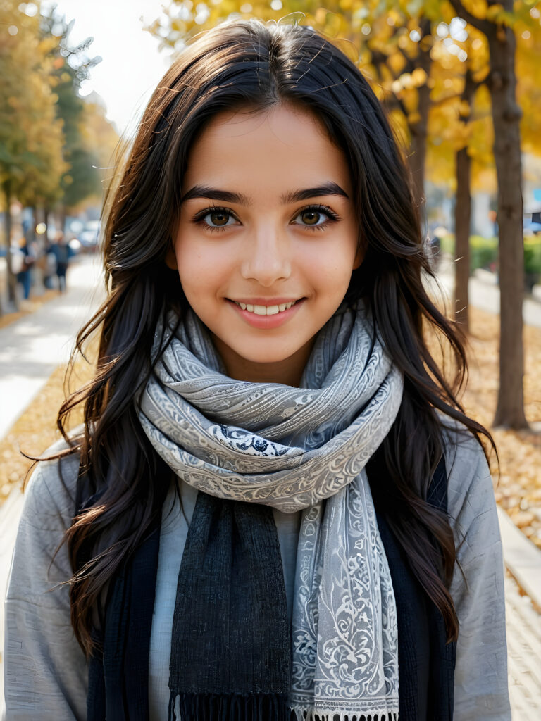 ((stunning)) ((gorgeous)) ((detailed and realistic portrait)) beautiful young Iranian girl, 16 years old, wears a grey outfit, light brown skin tone, cute face, realistic black eyes, (long black hair), slim, short stature, smiling, wearing a scarf