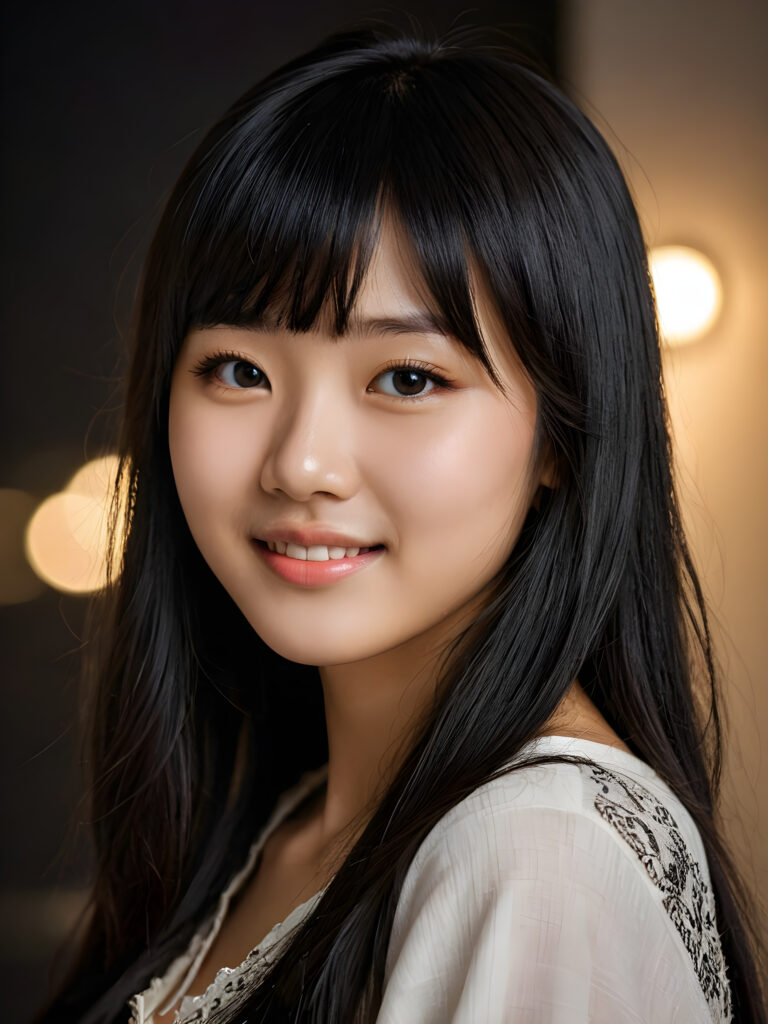 ((stunning)) ((gorgeous)) ((detailed portrait)) a young Korean teen girl. She has black long hair in Korean Style bangs, dark eyes, warm smile, very happy, side view, weak, dimmed light