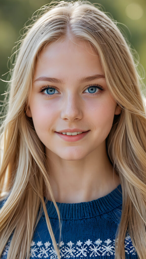 ((stunning)) ((gorgeous)) ((detailed portrait)) a young Nordic teen girl stands in front the viewer. She has blond long hair and deep blue eyes, warm smile, very happy