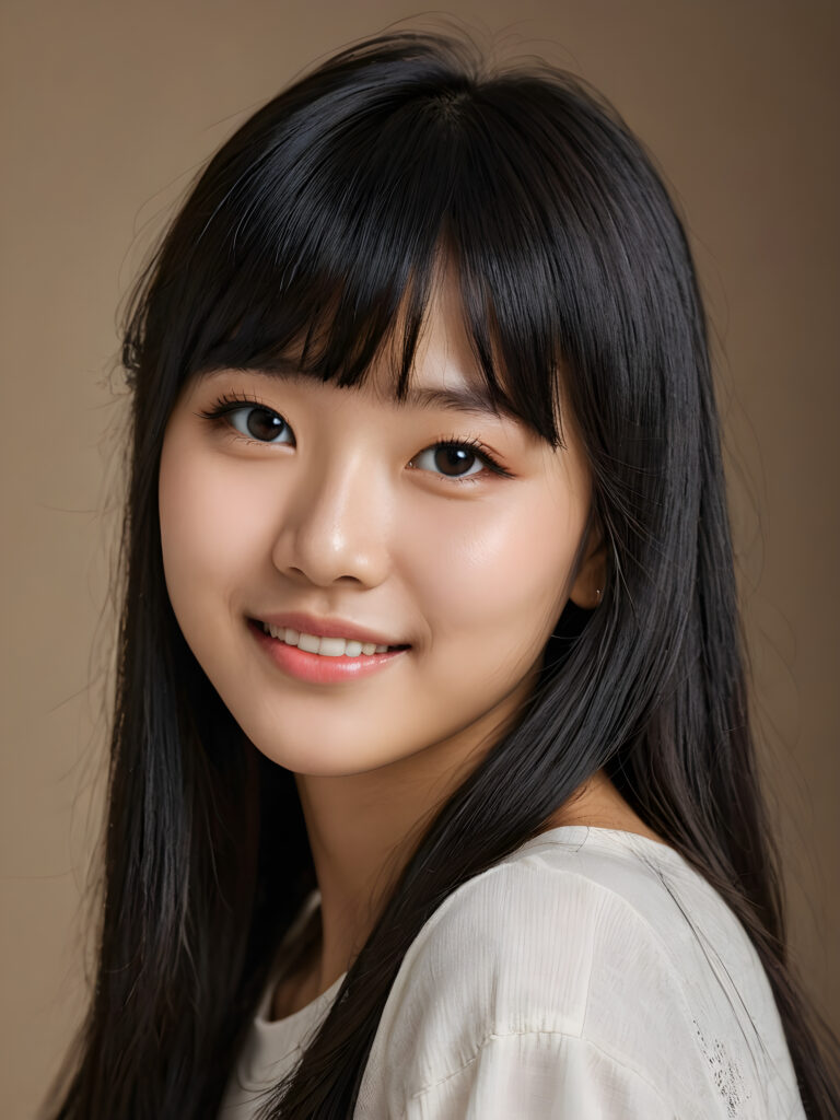 ((stunning)) ((gorgeous)) ((detailed portrait)) a young Korean teen girl. She has black long hair in Korean Style bangs, dark eyes, warm smile, very happy, side view, weak, dimmed light