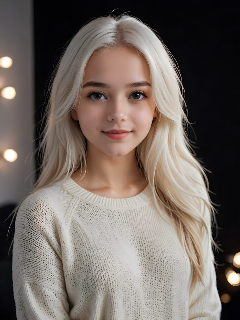 ((stunning)) ((gorgeous)) a beautiful teen girl, 16 years old, perfect portrait, perfect curved body, long straight platinum white hair, round eyes and full lips, wears a white thin sweater, white silhouette, black background, warm smile