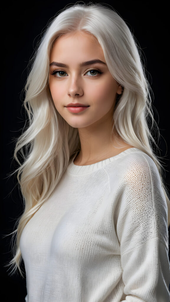 ((stunning)) ((gorgeous)) a beautiful realistic teen girl, perfect portrait, perfect curved body, long straight platinum white hair, wears a white sweater, white silhouette, black background