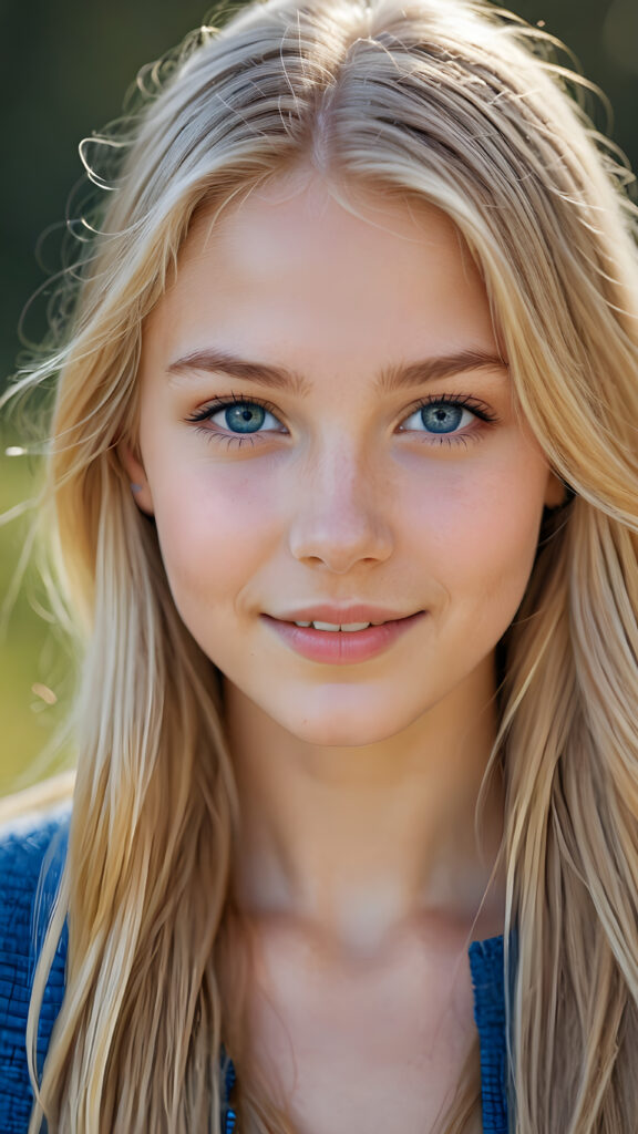 ((stunning)) ((gorgeous)) ((detailed portrait)) a young Nordic teen girl stands in front the viewer. She has blond long hair and deep blue eyes, warm smile, very happy