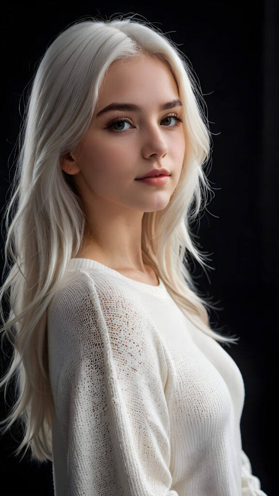 ((stunning)) ((gorgeous)) a beautiful realistic teen girl, perfect portrait, perfect curved body, long straight platinum white hair, wears a white sweater, white silhouette, black background