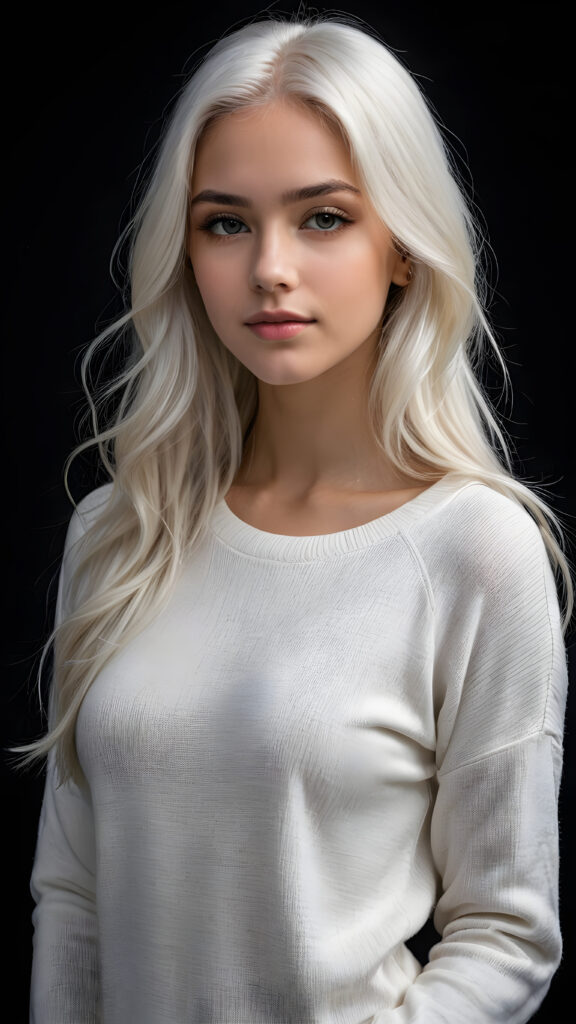 ((stunning)) ((gorgeous)) a beautiful realistic teen girl, perfect portrait, perfect curved body, long straight platinum white hair, wears a white sweater, white silhouette, black background