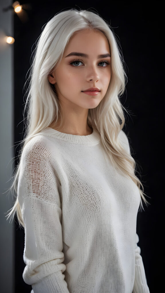 ((stunning)) ((gorgeous)) a beautiful realistic teen girl, perfect portrait, perfect curved body, long straight platinum white hair, wears a white sweater, white silhouette, black background