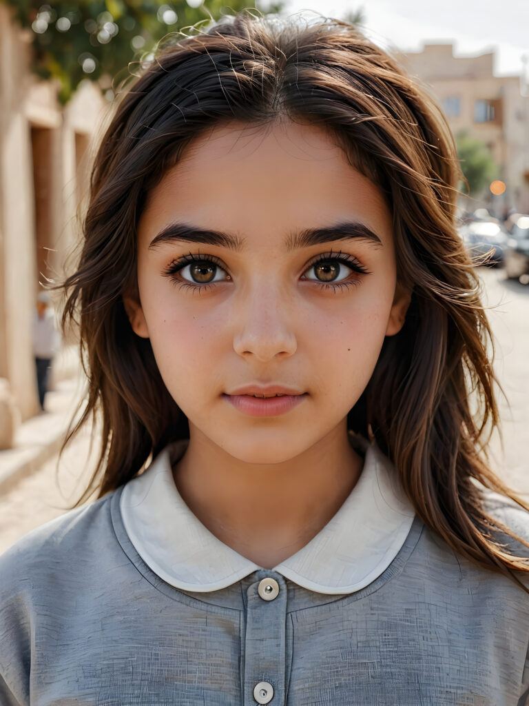 ((stunning)) ((gorgeous)) ((detailed and realistic portrait)) beautiful young Iraqi girl, 16 years old, wears a grey outfit, light brown skin tone, cute face, realistic black eyes