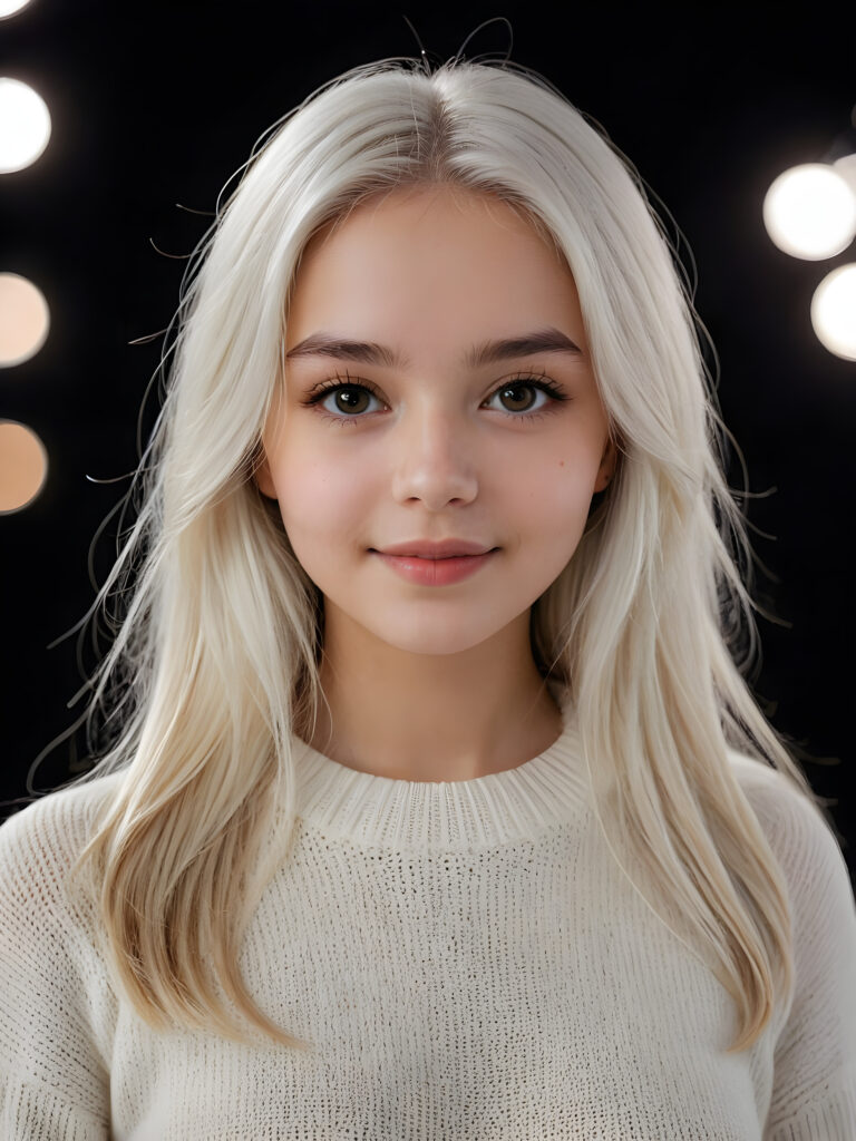 ((stunning)) ((gorgeous)) a beautiful teen girl, 16 years old, perfect portrait, perfect curved body, long straight platinum white hair, round eyes and full lips, wears a white thin sweater, white silhouette, black background, warm smile