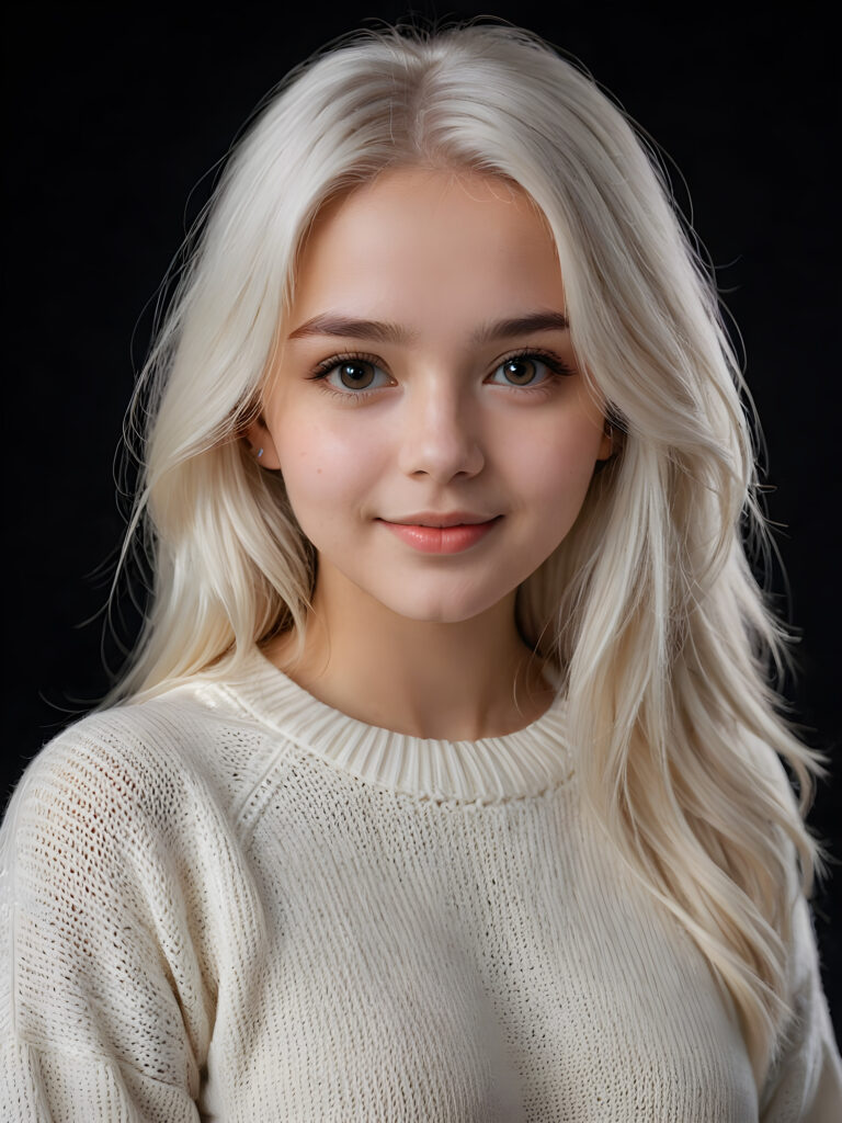 ((stunning)) ((gorgeous)) a beautiful teen girl, 16 years old, perfect portrait, perfect curved body, long straight platinum white hair, round eyes and full lips, wears a white thin sweater, white silhouette, black background, warm smile