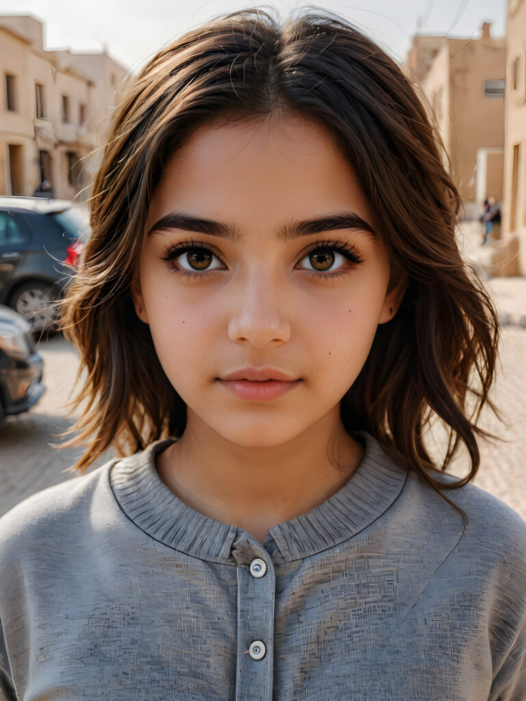 ((stunning)) ((gorgeous)) ((detailed and realistic portrait)) beautiful young Iraqi girl, 16 years old, wears a grey outfit, light brown skin tone, cute face, realistic black eyes