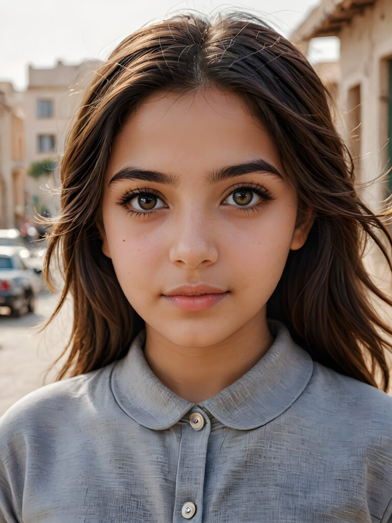 ((stunning)) ((gorgeous)) ((detailed and realistic portrait)) beautiful young Iraqi girl, 16 years old, wears a grey outfit, light brown skin tone, cute face, realistic black eyes