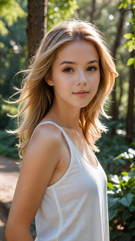 stunning and gorgeous photo from a (((beautiful young girl))) enjoying a tranquil moment, her face serene and poised, surrounded by a backdrop of softly swaying trees and a calming breeze, she wears a white thin tank top, straight soft copper blonde hair in chich voluminous long hairstyle, perfect light and shadows support the picture