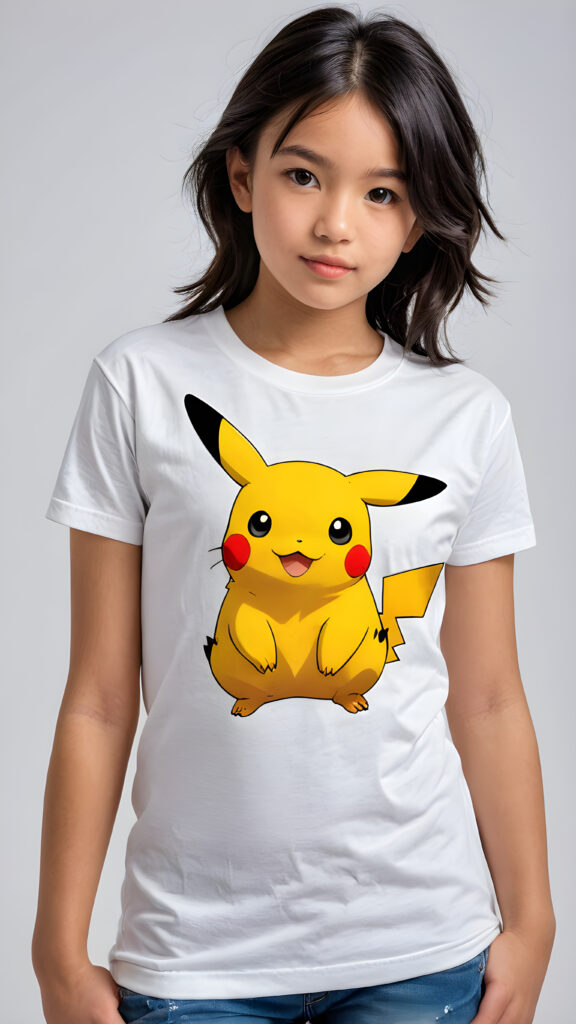 ((stunning)) ((gorgeous)) ((detailed, realistic portrait)) ((perfect curved body)) a young Asian teen girl with black hair ((wears a (((T-shirt with a Pikatchu))) on it)).