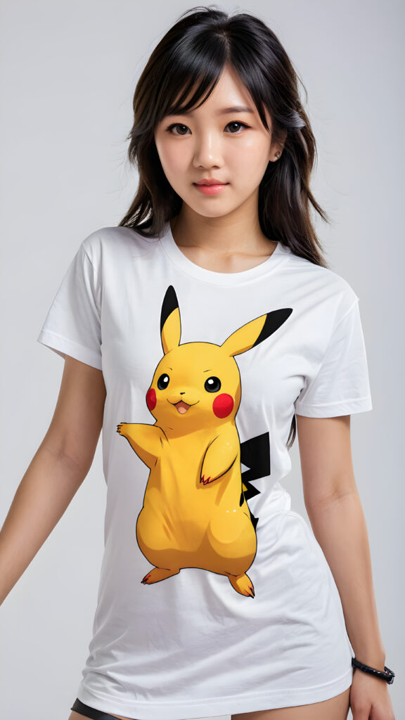 ((stunning)) ((gorgeous)) ((detailed, realistic portrait)) ((perfect curved body)) a young Asian teen girl with black hair ((wears a (((T-shirt with a Pikatchu))) on it)).