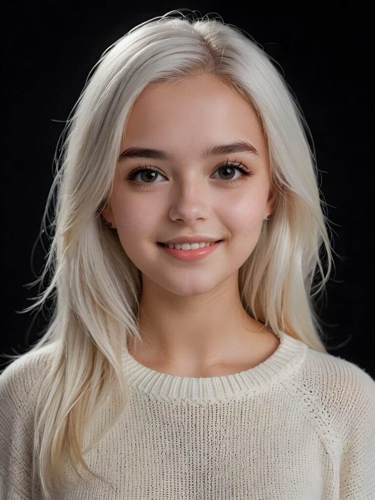 ((stunning)) ((gorgeous)) a beautiful teen girl, 16 years old, perfect portrait, perfect curved body, long straight platinum white hair, round eyes and full lips, wears a white thin sweater, white silhouette, black background, warm smile