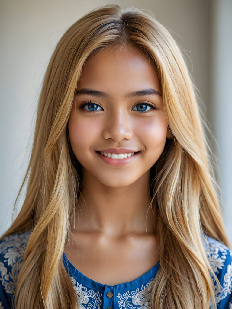 ((stunning)) ((gorgeous)) ((detailed portrait)) a young Indonesian teen girl stands in front the viewer. She has blond long hair and deep blue eyes, warm smile, very happy