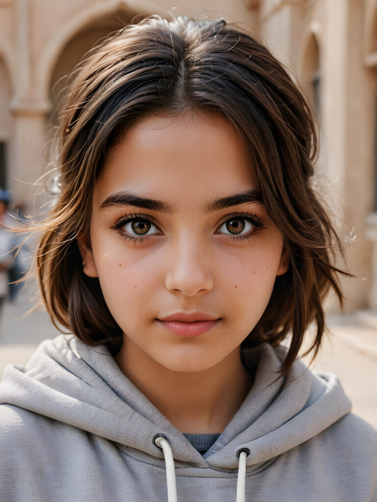 ((stunning)) ((gorgeous)) ((detailed and realistic portrait)) beautiful young Iraqi girl, 16 years old, wears a grey outfit, light brown skin tone, cute face, realistic black eyes