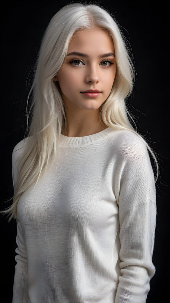 ((stunning)) ((gorgeous)) a beautiful realistic teen girl, perfect portrait, perfect curved body, long straight platinum white hair, wears a white sweater, white silhouette, black background