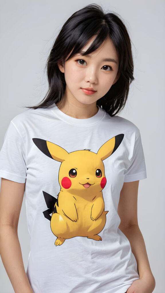 ((stunning)) ((gorgeous)) ((detailed, realistic portrait)) ((perfect curved body)) a young Asian teen girl with black hair ((wears a (((T-shirt with a Pikatchu))) on it)).