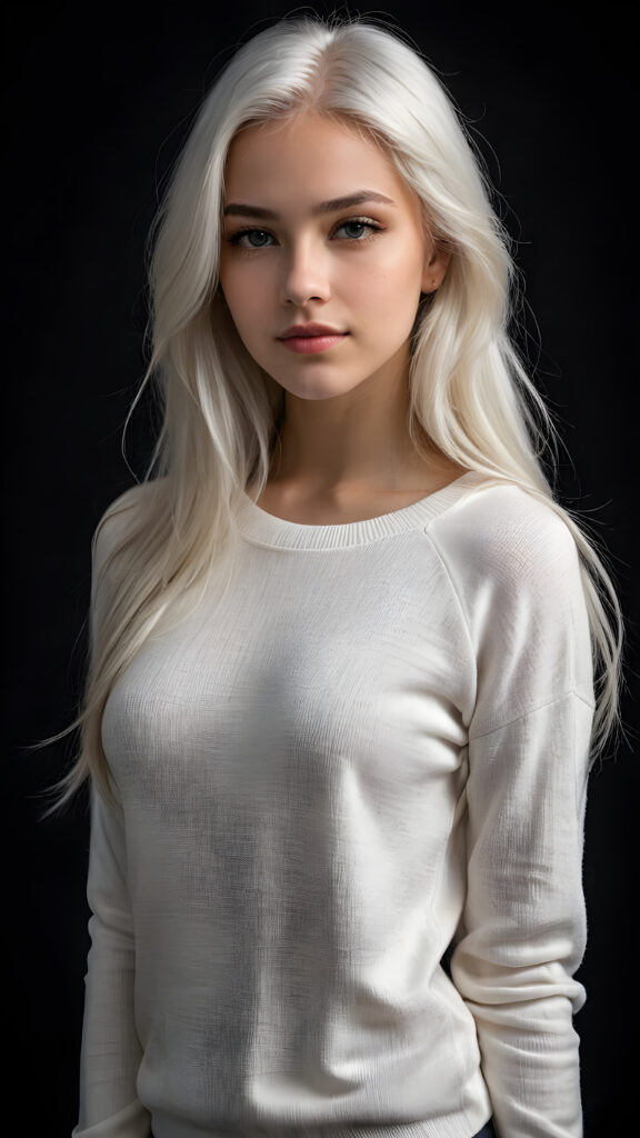 ((stunning)) ((gorgeous)) a beautiful realistic teen girl, perfect portrait, perfect curved body, long straight platinum white hair, wears a white sweater, white silhouette, black background