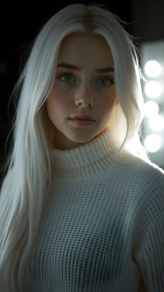 ((stunning)) ((gorgeous)) a beautiful realistic teen girl, perfect portrait, perfect curved body, long straight platinum white hair, wears a white sweater, white silhouette, black background