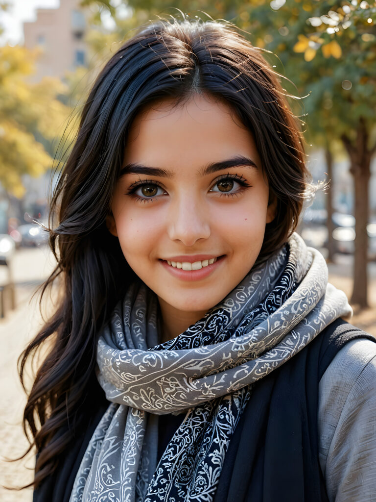 ((stunning)) ((gorgeous)) ((detailed and realistic portrait)) beautiful young Iranian girl, 16 years old, wears a grey outfit, light brown skin tone, cute face, realistic black eyes, (long black hair), slim, short stature, smiling, wearing a scarf