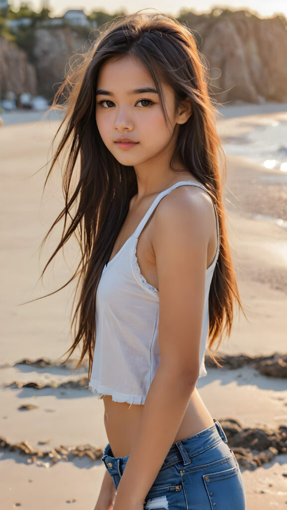 an Exotic young teen girl, long straight soft hair, 14 years old, ((round face)), looks seductively, ((tattered crop tank top)), perfect body, (stunning) (gorgeous) (on a sandy beach, beautiful sunrise in background) ((detailed))