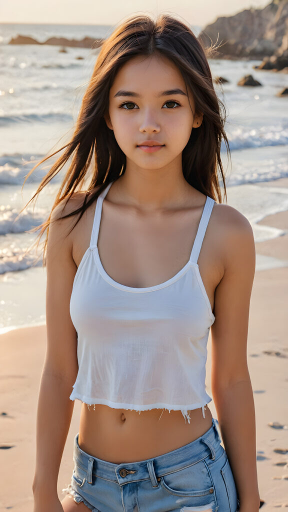 an Exotic young teen girl, long straight soft hair, 14 years old, ((round face)), looks seductively, ((tattered crop tank top)), perfect body, (stunning) (gorgeous) (on a sandy beach, beautiful sunrise in background) ((detailed))